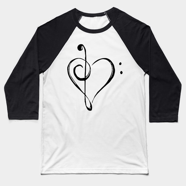 Love Music - Treble and Bass Clef Heart - black Baseball T-Shirt by MeowOrNever